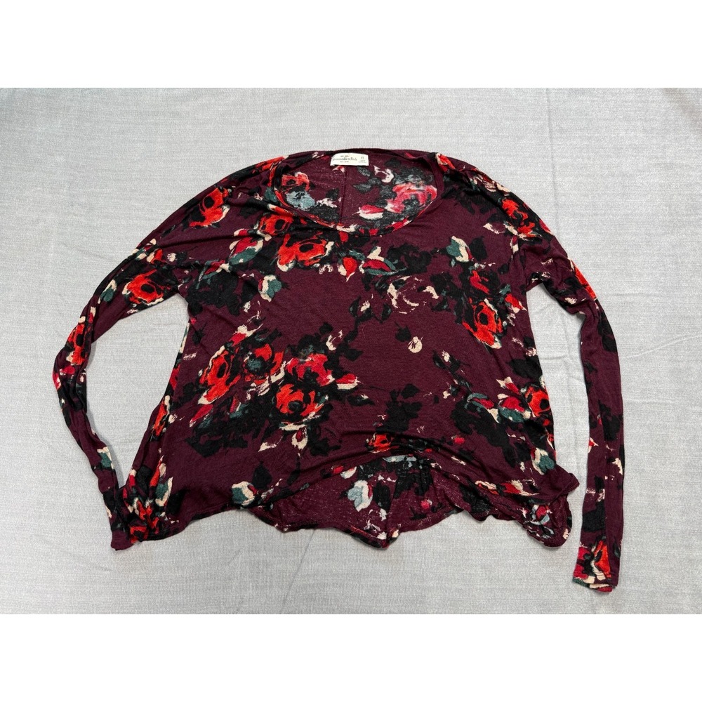 Abercrombie & Fitch Blouse Womens XS Maroon Floral Knit Stretch Long Sleeve